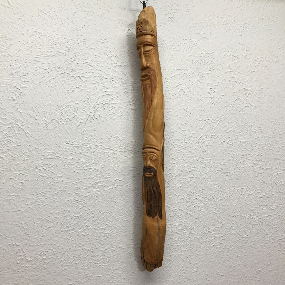 Hand Carved Wood Spirit Folk Art Wall Hanging Sculpture Multi Face Totem 21"